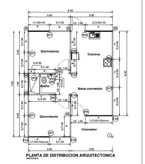 Plano arquitectónico que muestra la distribución de una vivienda con dos dormitorios, cocina, baño y sala-comedor.