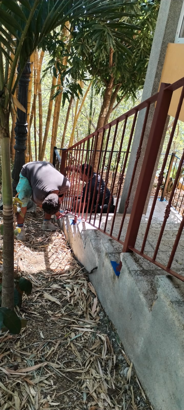 Dos trabajadores están pintando una barandilla de metal de color rojizo en una escalera exterior rodeada de vegetación.