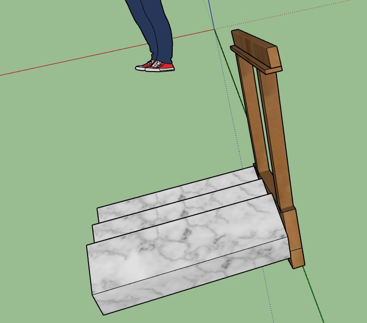 Un render digital que muestra una escalera con acabado de mármol y una estructura de madera.