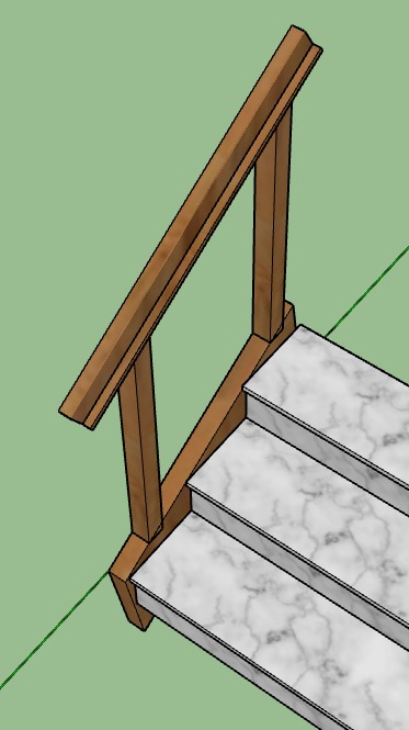 Un render digital que muestra una escalera con peldaños de mármol y un pasamanos de madera.