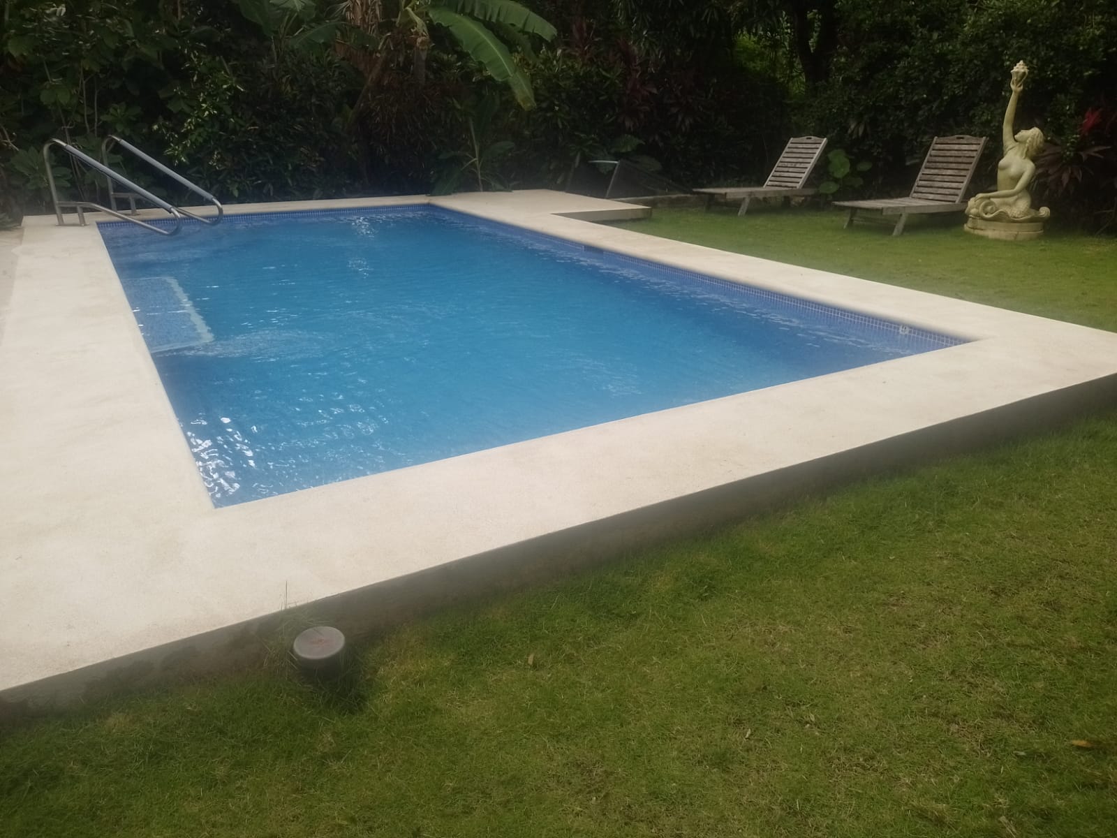 Una piscina rectangular con borde claro rodeada de césped, sillas de descanso y una estatua decorativa.