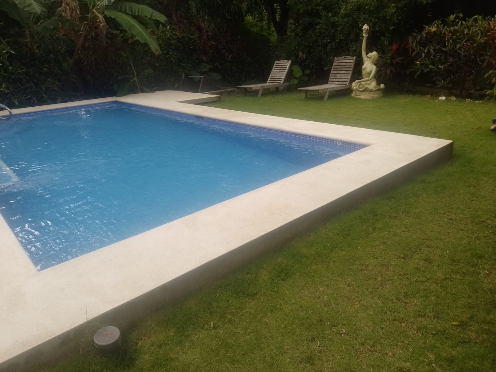 Una piscina rectangular rodeada de césped con sillas de madera y una estatua decorativa en el jardín.